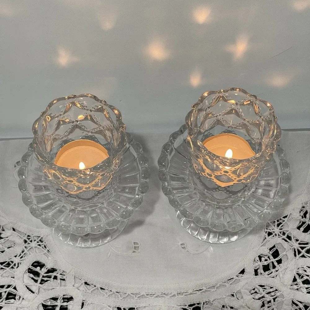 Vintage PartyLite Quilted Crystal Votive Candle Holder Pair Original Box P9246 - Picture 3 of 13